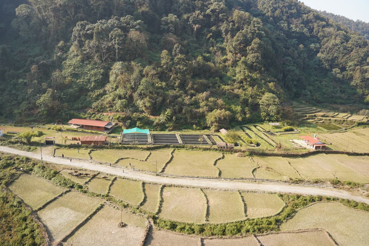 Aerial view of our trout farm in Bhujung Khola